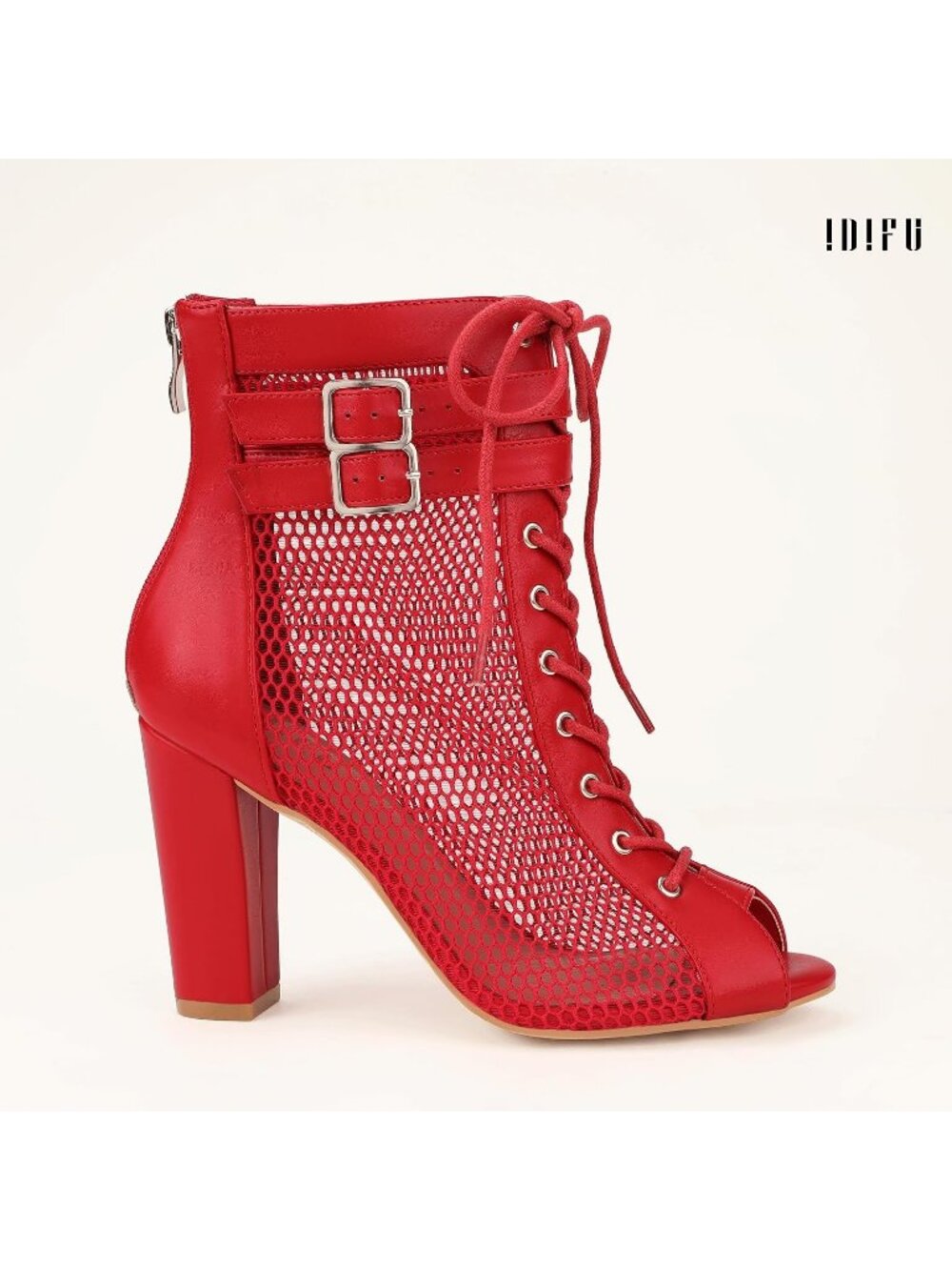 Women's Red Pu Mesh High Heels Block Chunky Heels Open Toe Lace Up Booties - Picture 5 of 6
